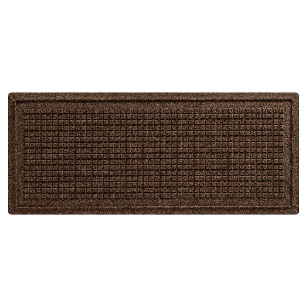 Overhead of a WaterHog boot tray mat in a dark earthy brown uniform grid design on durable rubber backing. Perfect spot to leave shoes and boots at the door!