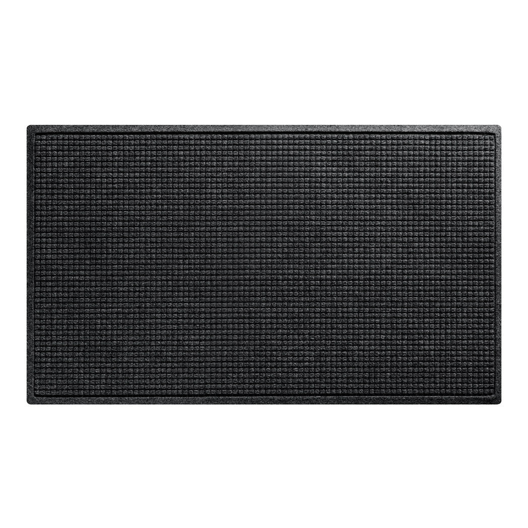 Overhead of a 3x5 Squares WaterHog indoor/outdoor door mat with a deep grey, uniform grid design; an American-made mat.