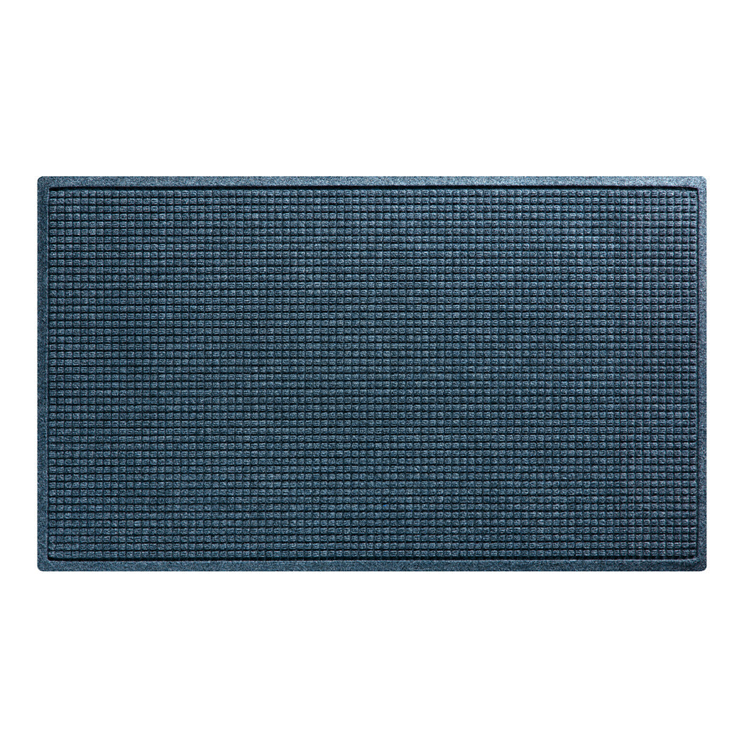 Overhead of a large Squares WaterHog indoor/outdoor door mat with a relaxed blue uniform grid pattern.