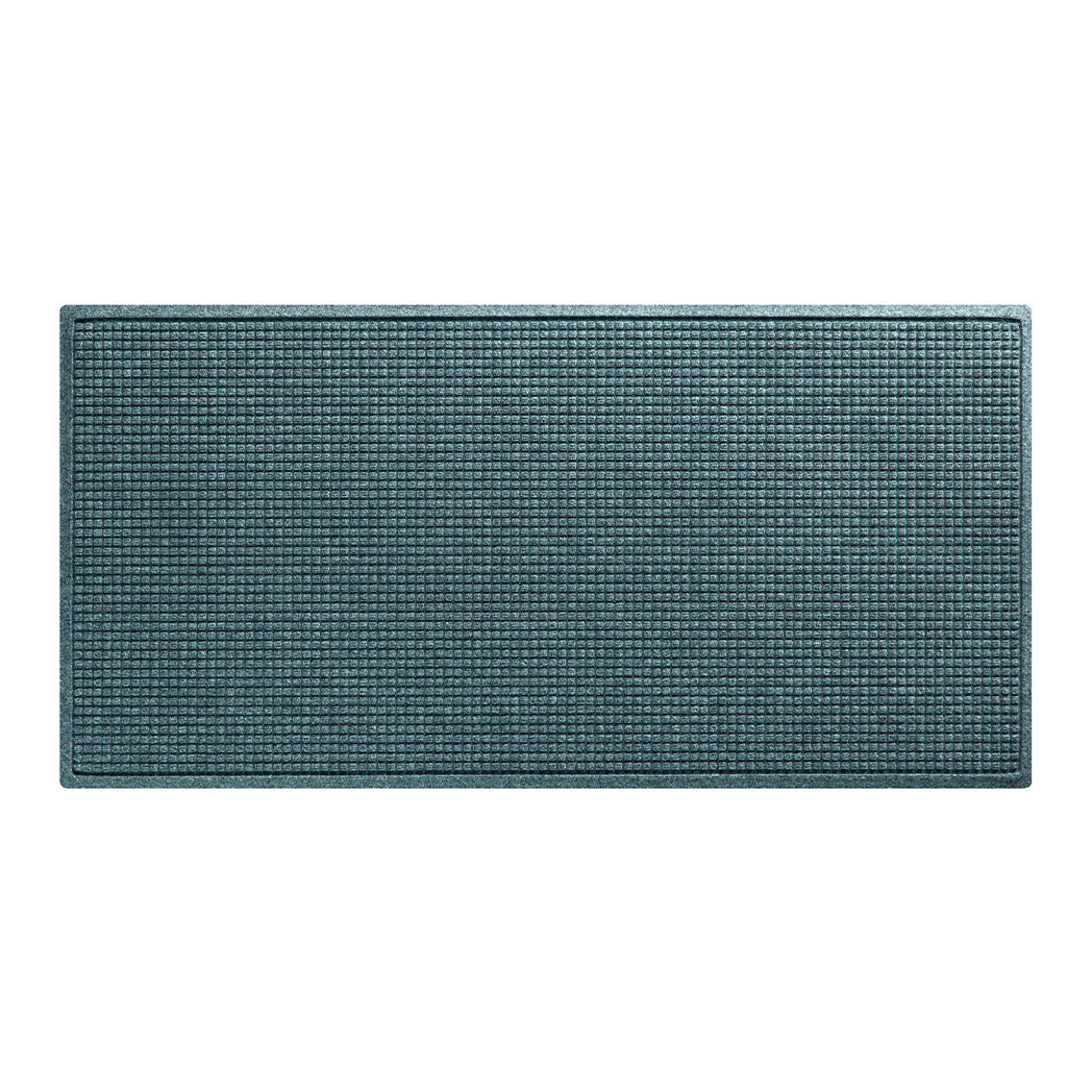 WaterHog Squares runner in a 3x6 size, with a light blue/grey eco-friendly surface, that's backed by durable rubber backing.