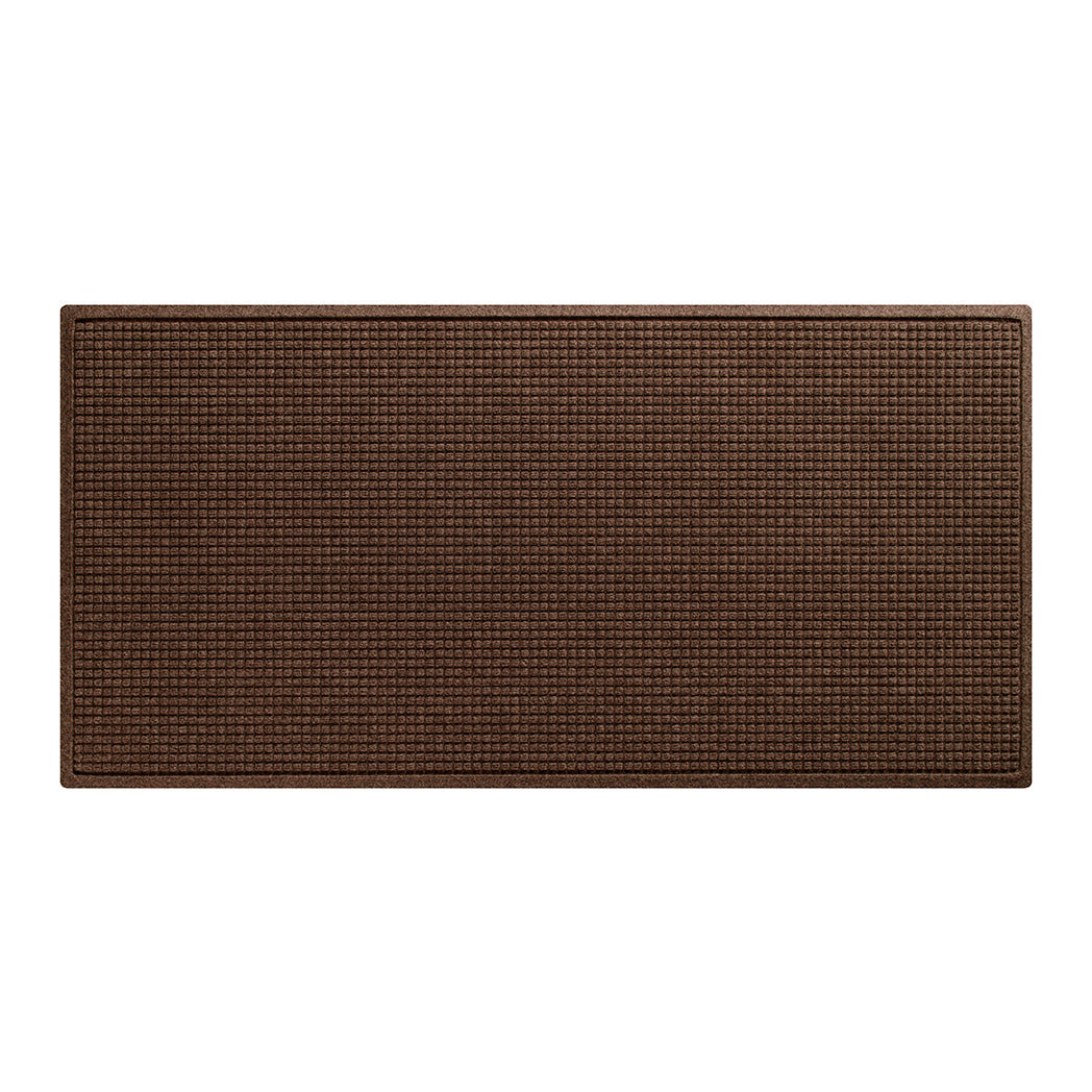 An overhead of a WaterHog Squares dark brown runner made with an eco-friendly surface and backed by durable rubber, shown on a white background.
