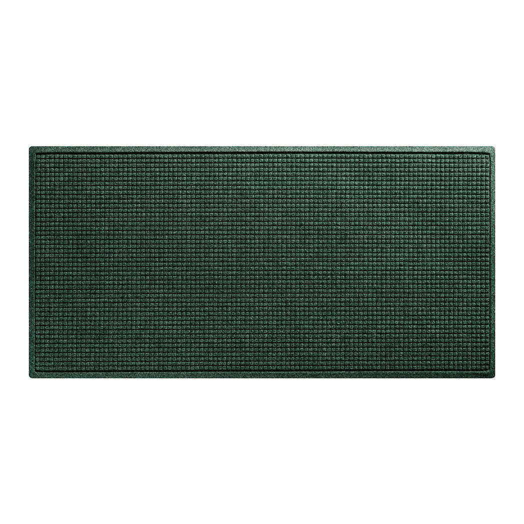 An overhead of a WaterHog Squares runner made with an eco-friendly surface and backed by durable rubber, shown in a chalky green color.