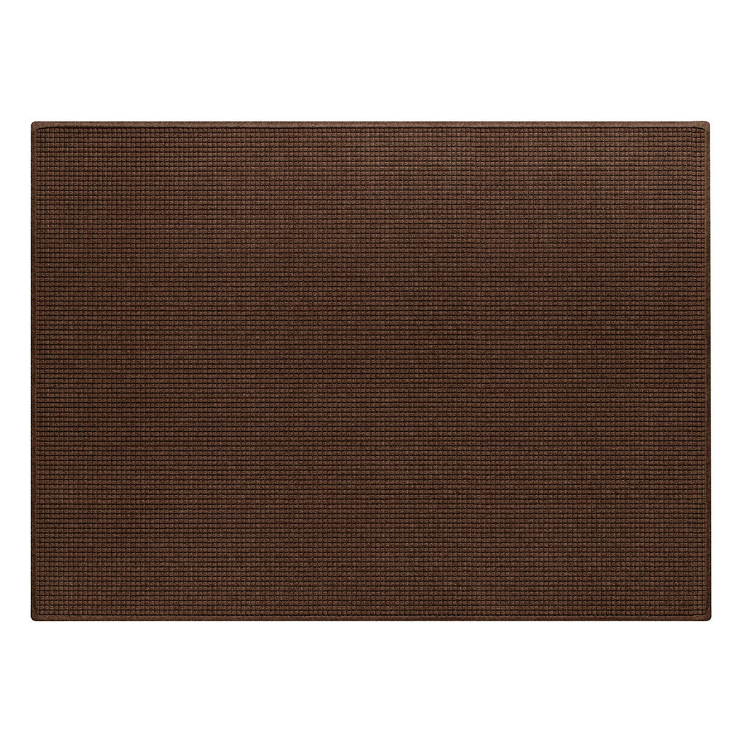 Overhead of a WaterHog 6x8 Squares mat with a dark earthy brown eco-friendly surface and durable rubber backing.