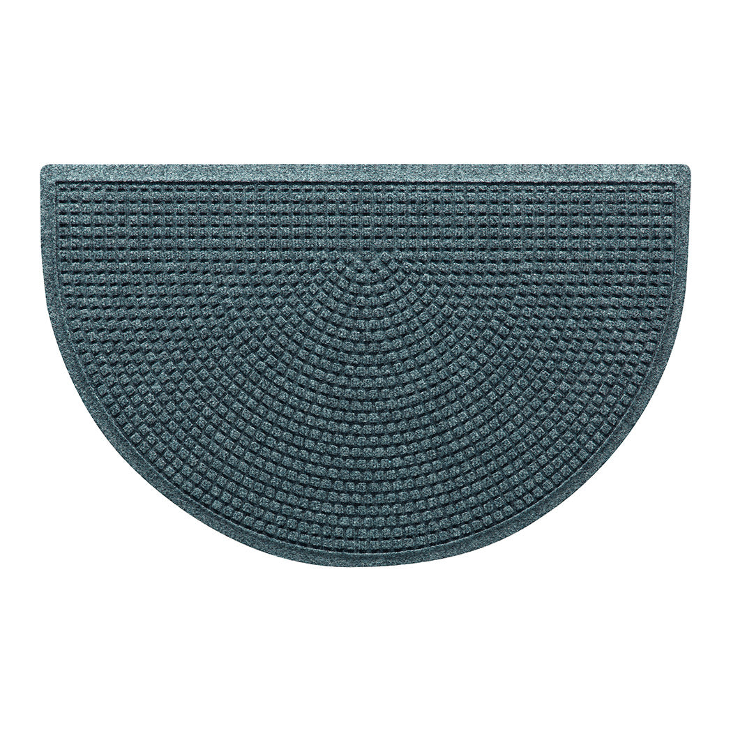 Overhead of Squares WaterHog indoor/outdoor half-round doormat in a light blue/grey, stain-resistant surface.
