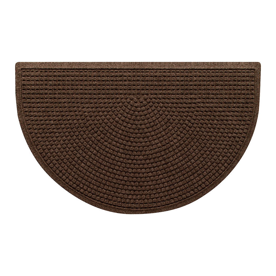 Squares WaterHog luxury half-round doormat with a dark earthy brown uniform grid design on a durable rubber backing.