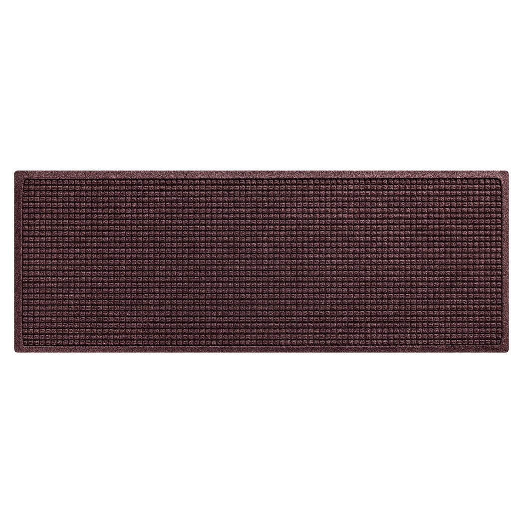 Small WaterHog runner mat in deep red classic squares bi-level pattern on an eco-friendly PET surface and rubber backing.