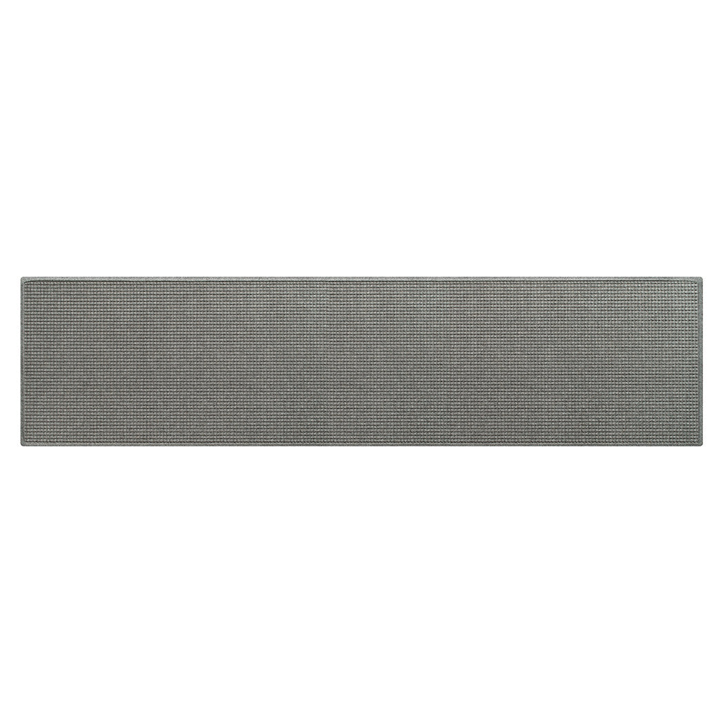 Extra large light grey WaterHog Luxe runner with traditional repeating bi-level  squares pattern in a recycled eco-friendly surface with rubber backing.