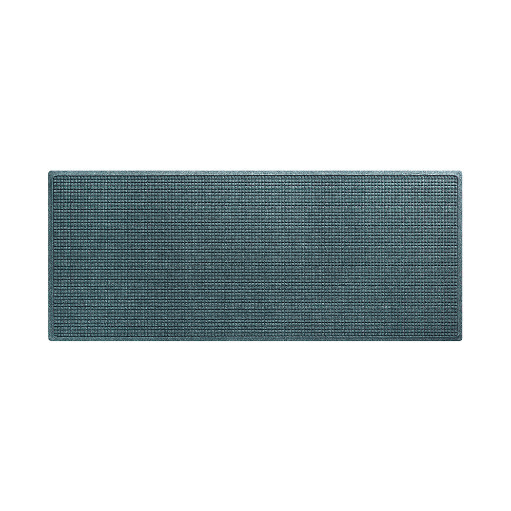 Classic Squares designed indoor/outdoor WaterHog runner mat in unique bluestone colored eco-friendly PET surface on rubber backing.