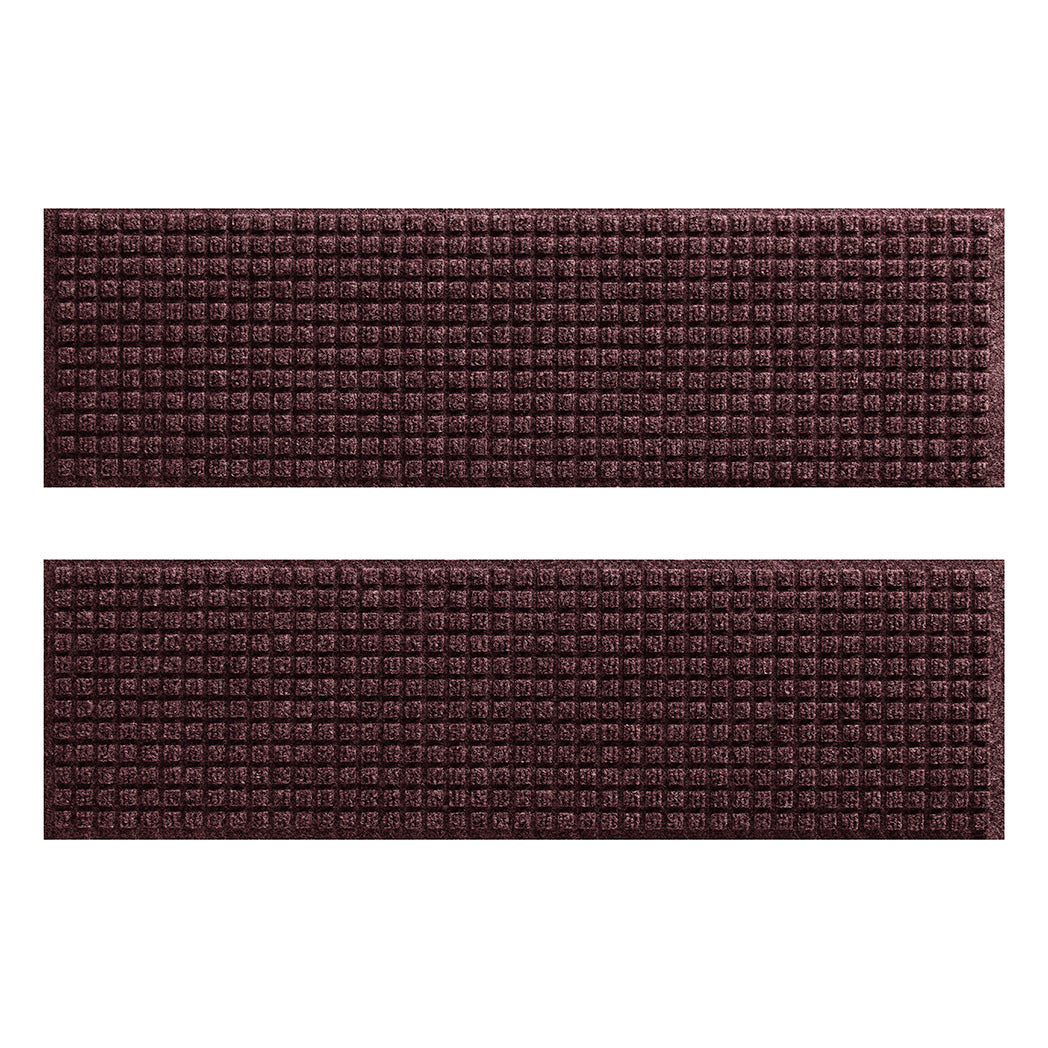 Set of two traditional WaterHog stair treads in classic squares design made of medium brown recycled PET and rubber backing.