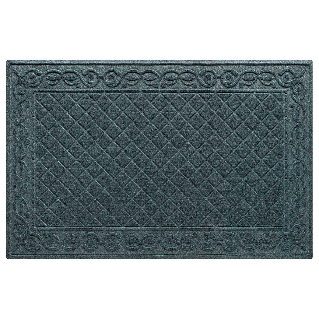 Overhead of a 4'x6' WaterHog Tristan doormat in the color bluestone, with a bi-level design of diamonds pattern encased but a scroll border design, adding beauty to this dirt-trapping design.