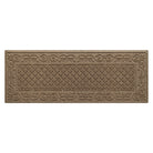 An overhead of a tan WaterHog Tristan all-weather runner in a two-part design - an ornate scroll pattern boarding the classic diamonds pattern, shown on a white background.
