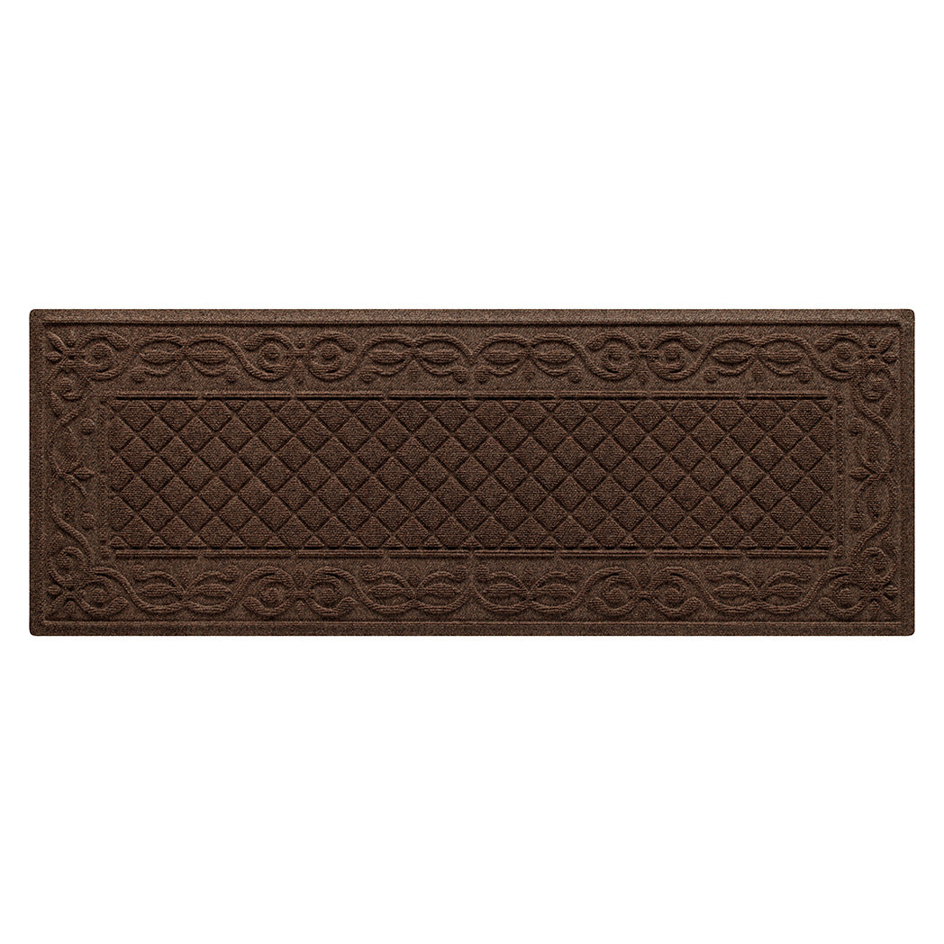 A dark brown WaterHog runner in the Tristan all-weather mat design with a two-part design - an ornate scroll pattern boarding the classic diamonds pattern, shown on a white background.