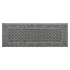 An overhead of a medium grey WaterHog Tristan modern runner in a two-part design - an ornate scroll pattern boarding the classic diamonds pattern, shown on a white background.