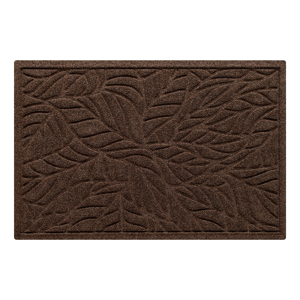 An overhead view of a 2x3 foot WaterHog outdoor doormat in a rich brown color with a bi-level whimsical leaf design and a raised border shown on a white background.
