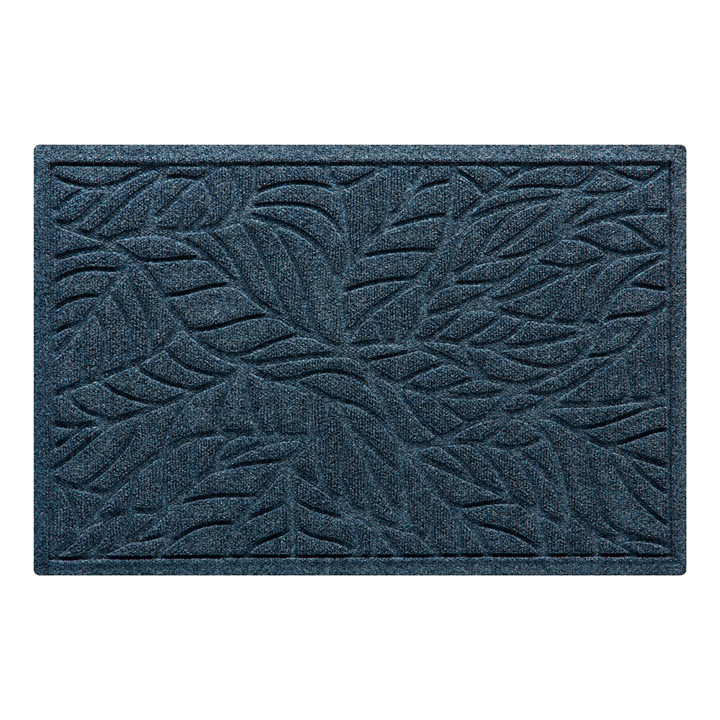 A WaterHog muted blue doormat featuring a bi-level tropical leaf pattern made to trap dirt and moisture while the bordered edges contain water.