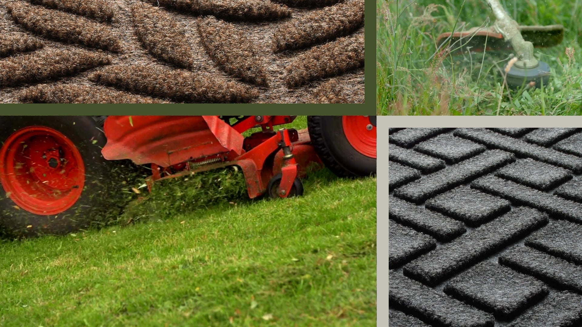 Outdoor WaterHog Doormat image with a riding lawnmower cutting grass and a weed eater trimming weeds, flanked by close ups of the durable WaterHog bi-level surface.