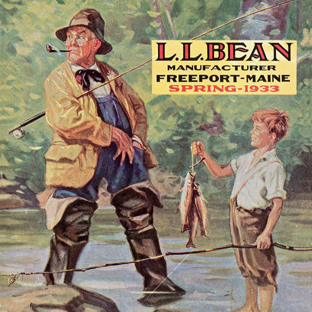 Image of L.L.Bean artwork from spring 1933 of older man fishing with a young child. 