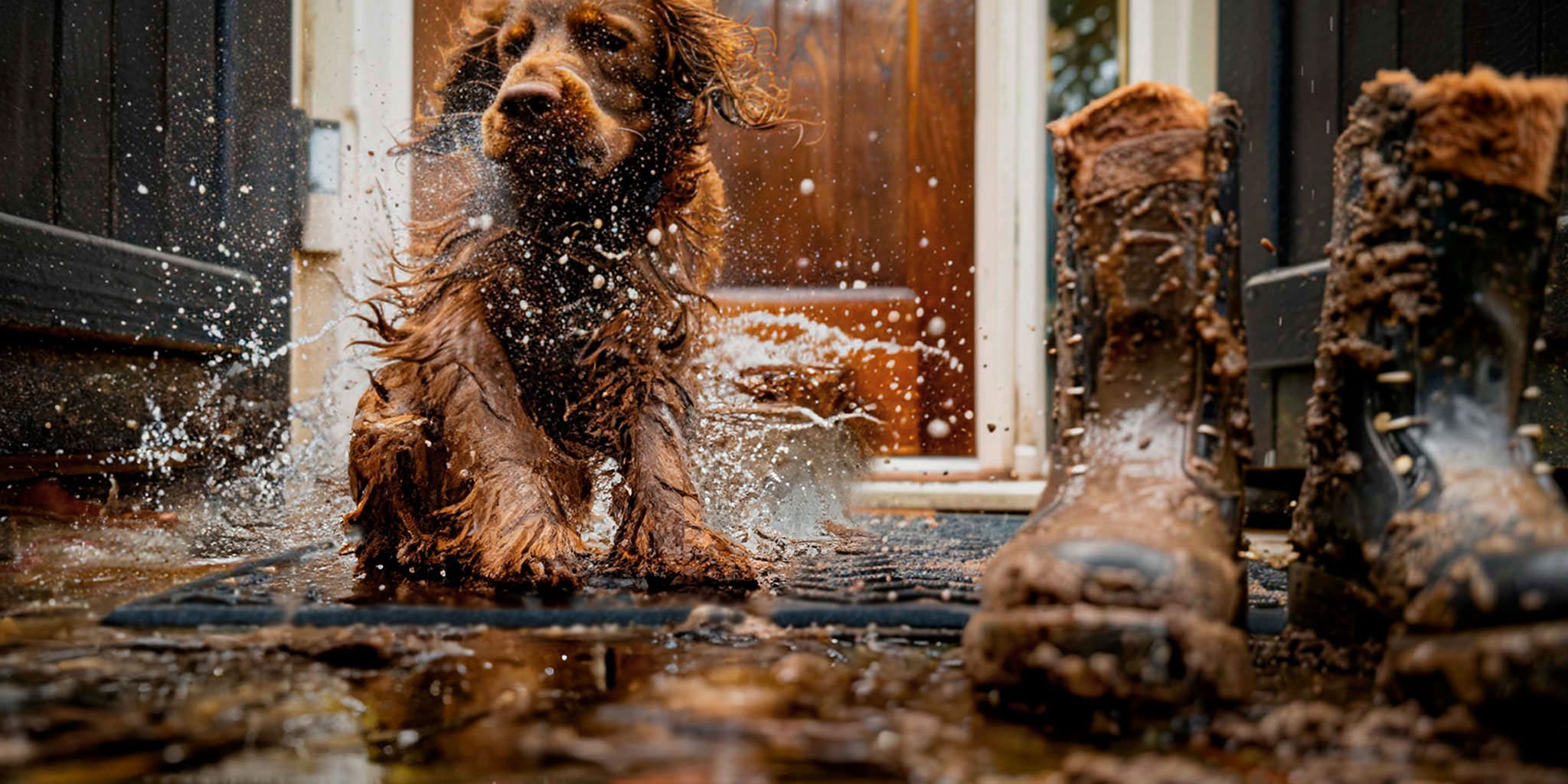 Extremely wet, muddy boots and dog on a large WaterHog mat. Dog is shaking out on top of the mat. 