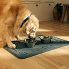 A dog drinking water off of his personalized bluestone Drool Hog mat, protecting the floors from his water spills.