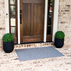 Beautiful deep brown front door with a large eco-friendly all-weather WaterHog doormat in medium grey with vibrant green plants on either side. 