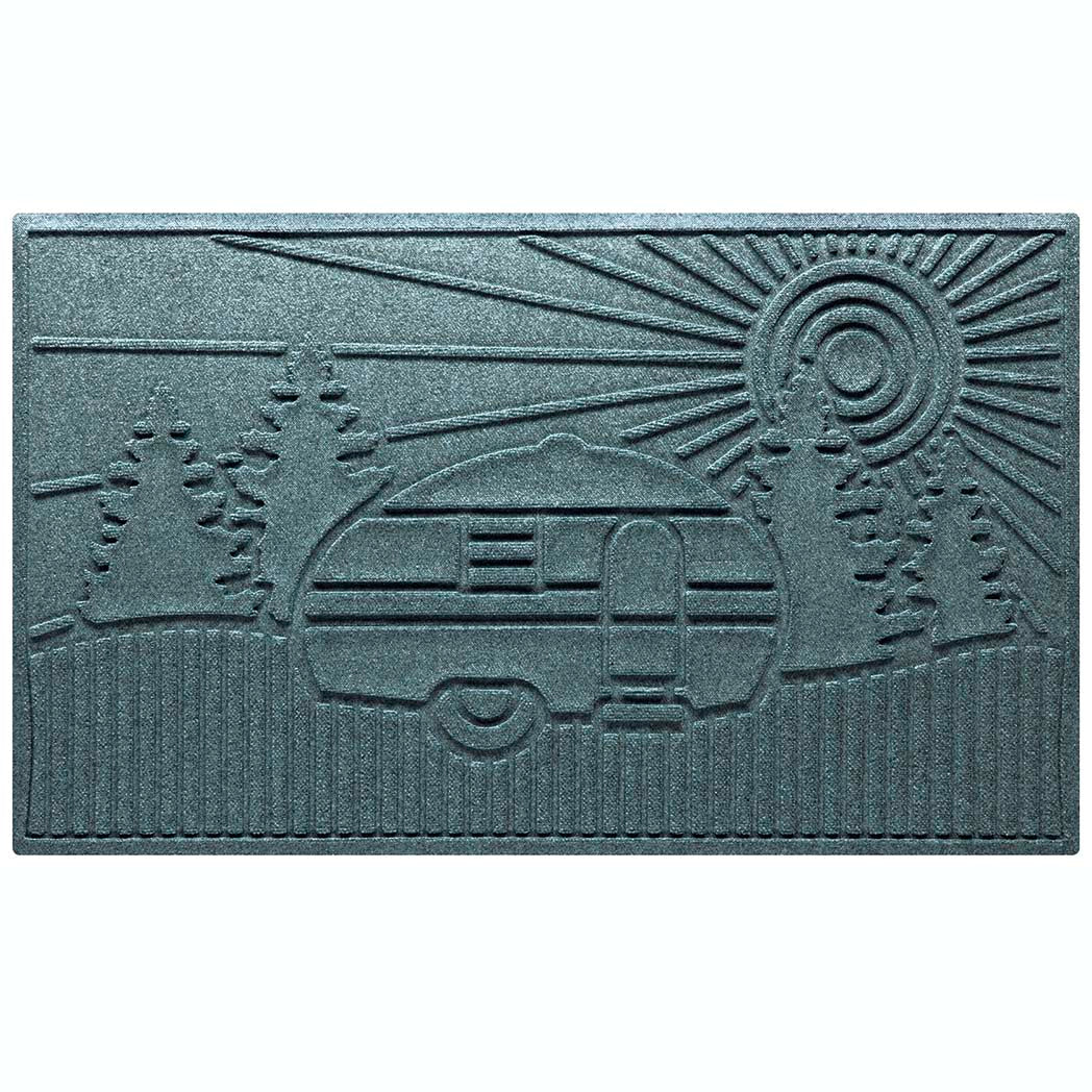 Scraper WaterHog RV Large Doormat in a blue grey with a design of an RV with fern trees and a sunset.
