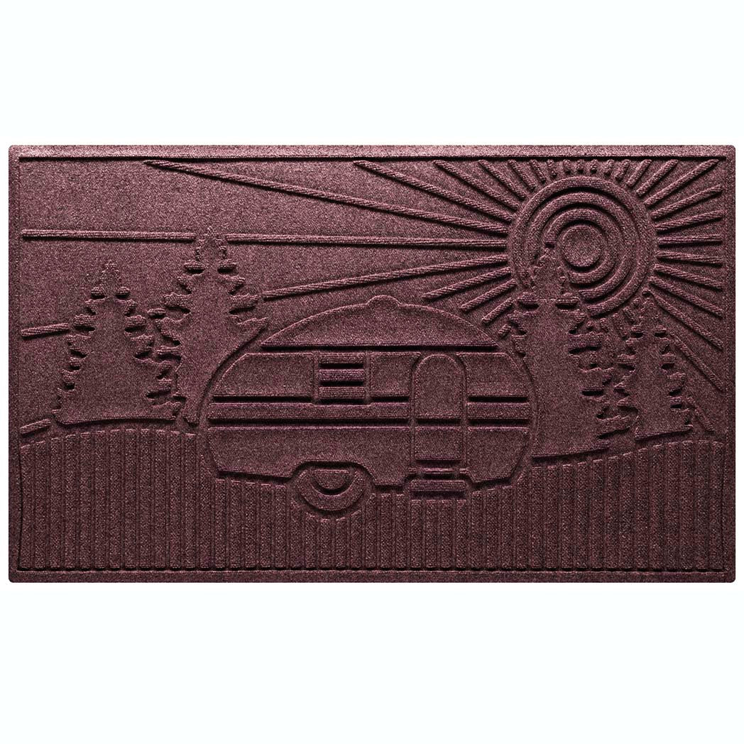 WaterHog RV Large Doormat in a deep red wine color with a design of an RV in the woods with a sunset.
