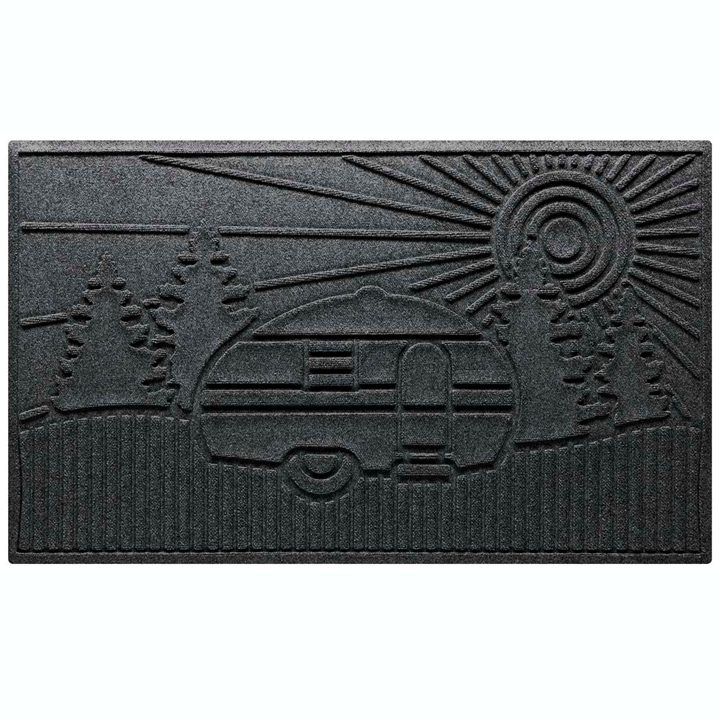 Large Scraper WaterHog Doormat in a dark grey with a design of a RV in the woods with fir trees and a sunset.