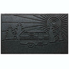 Large Scraper WaterHog Doormat in a dark grey with a design of a RV in the woods with fir trees and a sunset.