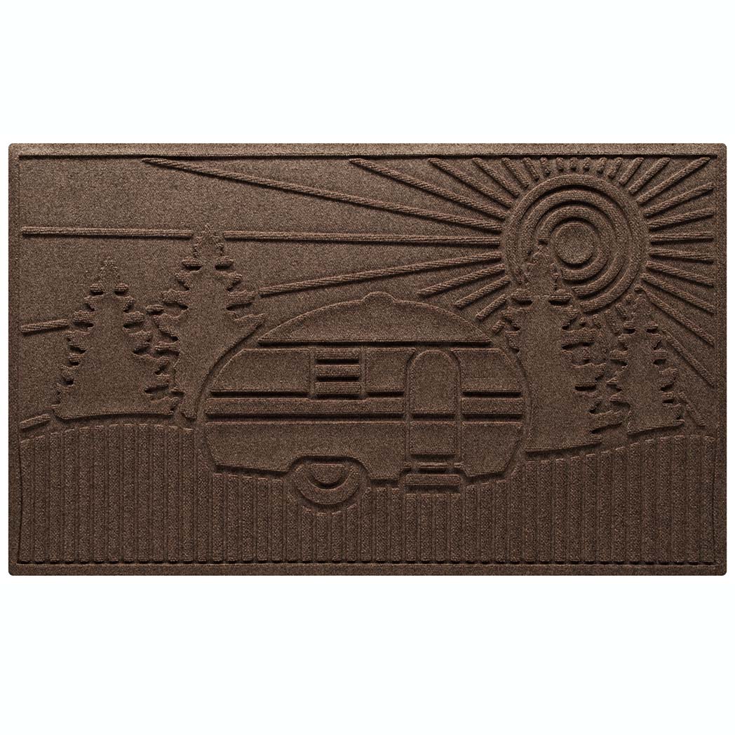 Large WaterHog Door mat in a dark brown with a design of an RV in the forest with a sunset.