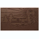 Large WaterHog Door mat in a dark brown with a design of an RV in the forest with a sunset.