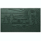 WaterHog RV Large Outdoor Doormat in a deep green color with a design of an RV in the woods with fir trees and a sunset.