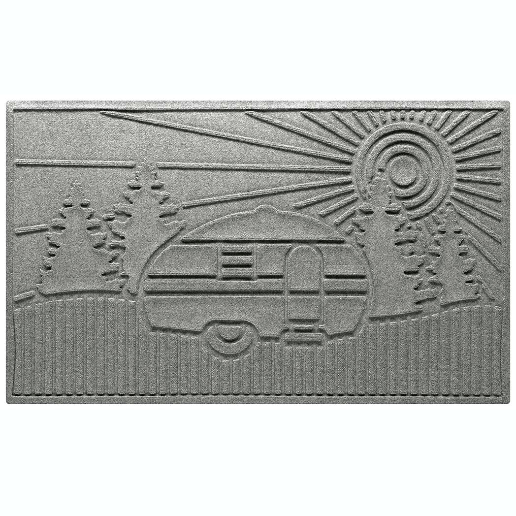 WaterHog All-weather Large Doormat in a light grey color with a design of an RV at a campsite with fir trees and a sunset.