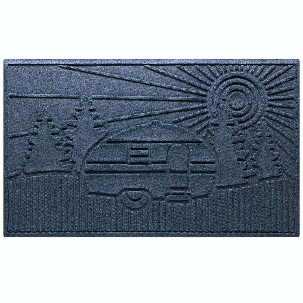 WaterHog Large Outdoor Mat in a navy blue with a design of an RV in the woods with a sunset.