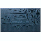 WaterHog Large Outdoor Mat in a navy blue with a design of an RV in the woods with a sunset.
