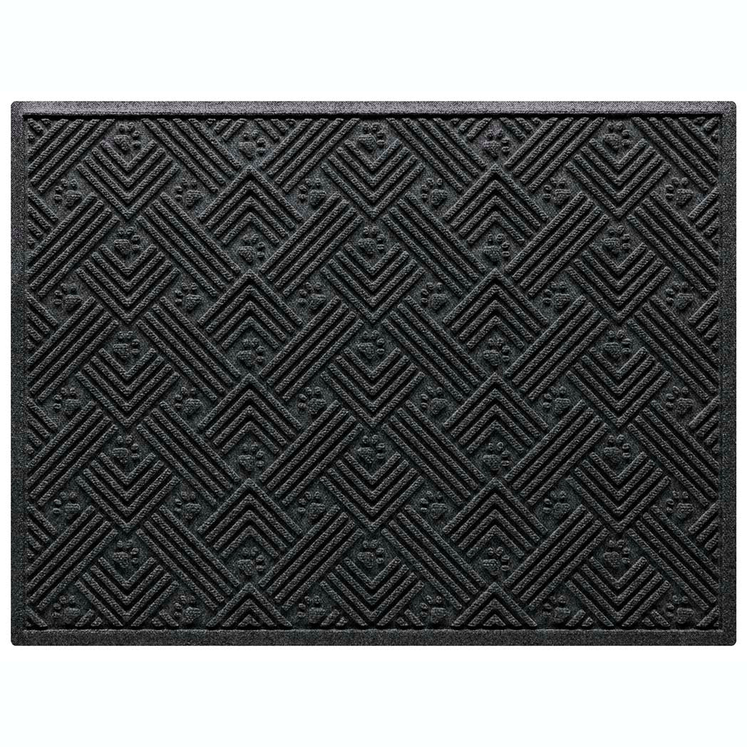 WaterHog Litter Box Mat is a durable litter trapping mat, made in the USA. A double-sized mat, shown in a charcoal color featuring a bi-level design and durable rubber backing to protect underlying floors. 