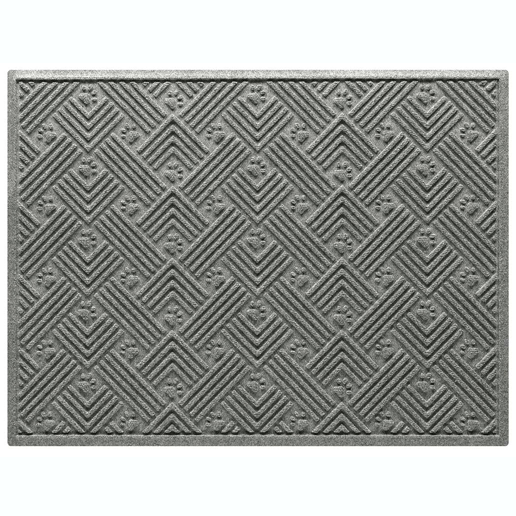 WaterHog Litter Box Mat is a durable litter trapping mat, made in the USA. A double-sized mat, shown in a medium grey color featuring a bi-level design and durable rubber backing to protect underlying floors. 