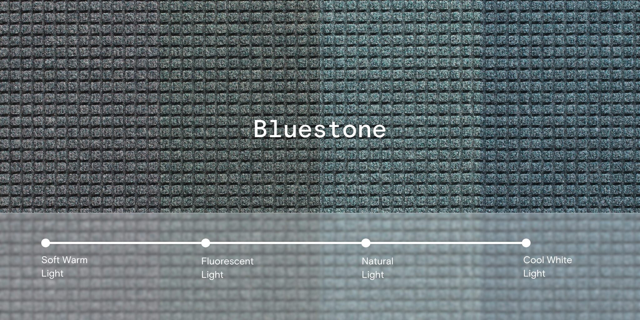 Overhead image of WaterHog Squares mat in bluestone, shown in four different lighting types to show the variance - a soft, warm light, a fluorescent light, a natural light, and a cool white light.