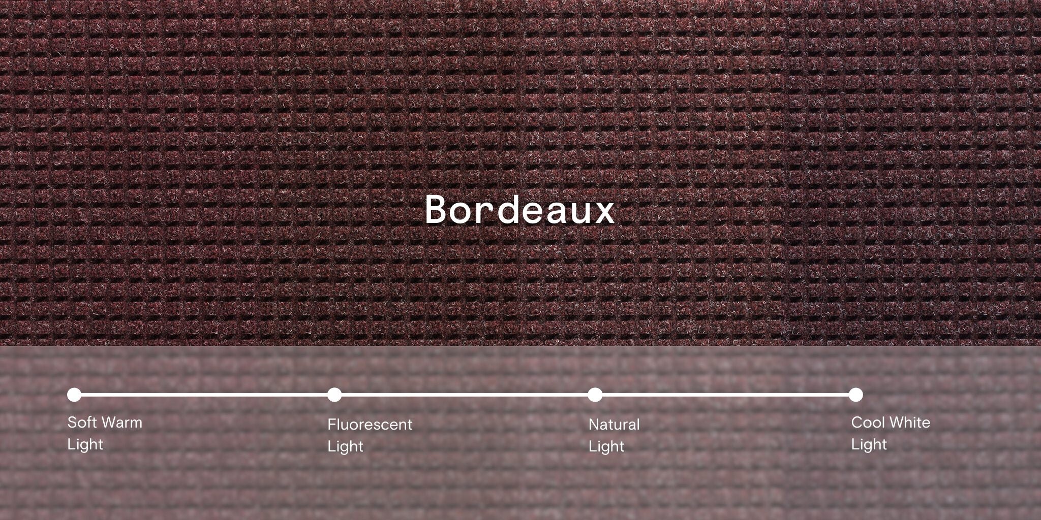 WaterHog Square Bordeaux overhead, its surface split into fours showing the effects of different light variants on the color of the mat.