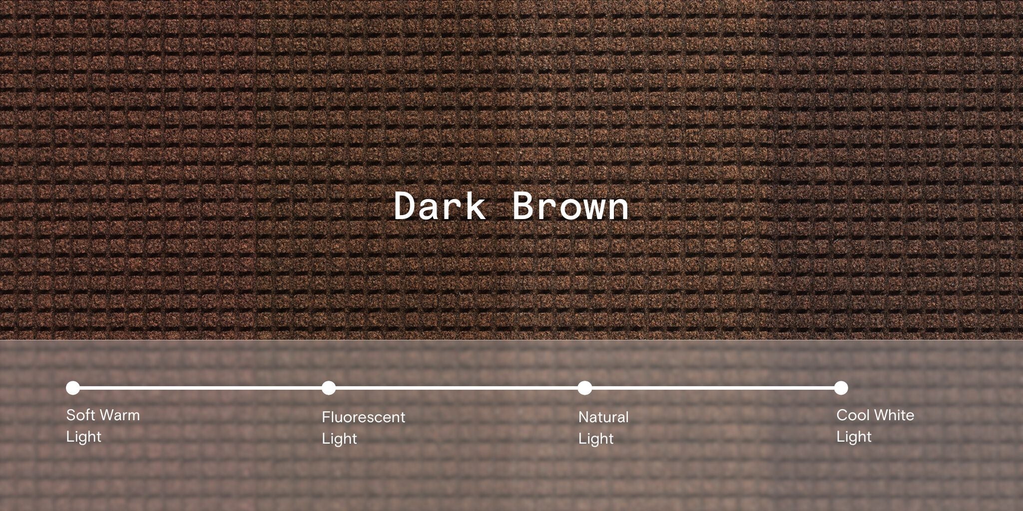 An overhead of WaterHog Squares pattern in dark brown shows four lighting types to show the variance - a soft, warm light, a fluorescent light, a natural light, and a cool white light.