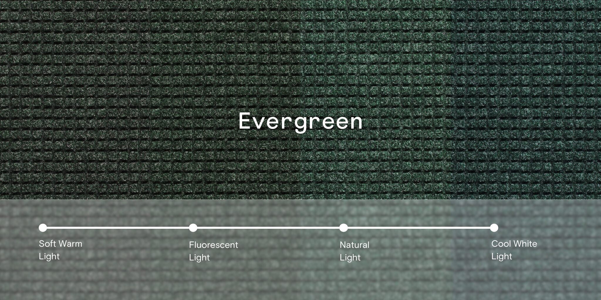 An overhead of WaterHog Squares surface int he color evergreen with four lighting variance - a soft, warm light, a fluorescent light, a natural light, and a cool white light.
