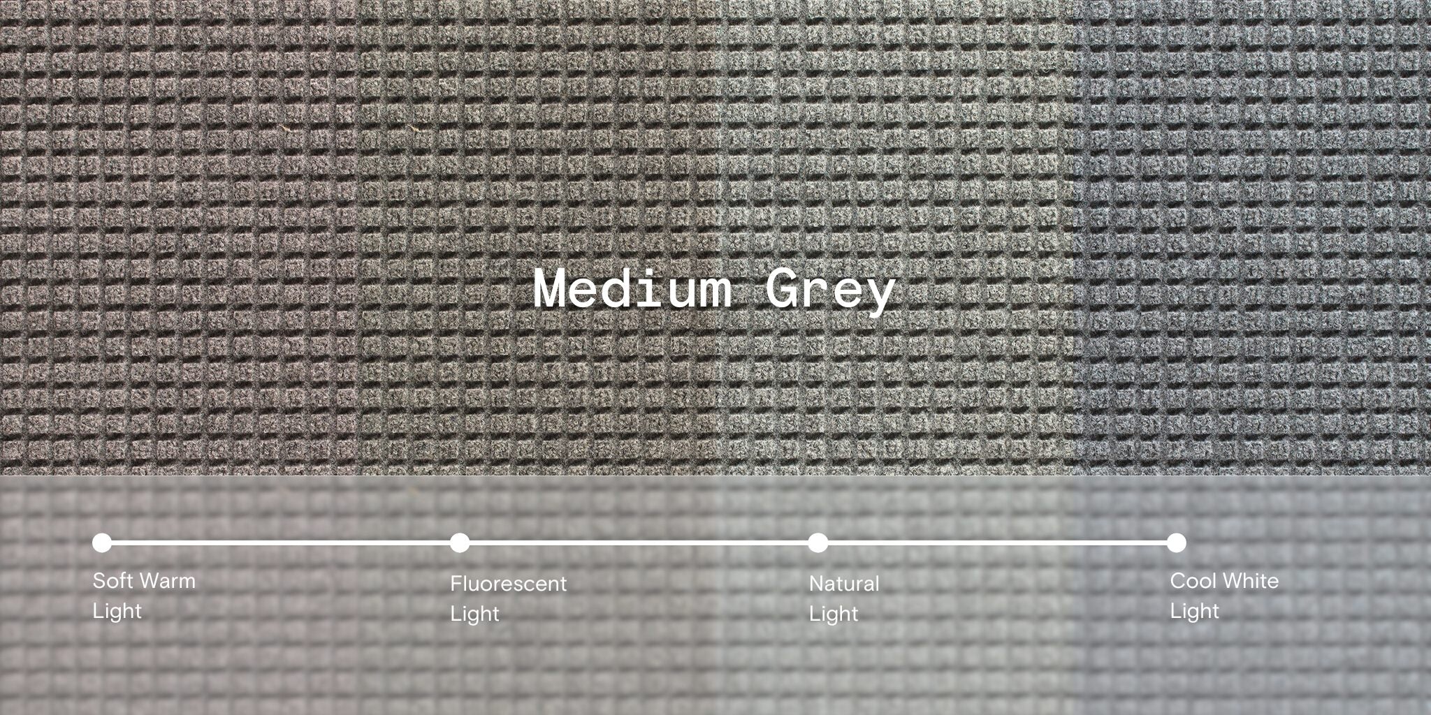 The overhead image of WaterHog Squares mat in medium grey shows four lighting types to show the variance - a soft, warm light, a fluorescent light, a natural light, and a cool white light.