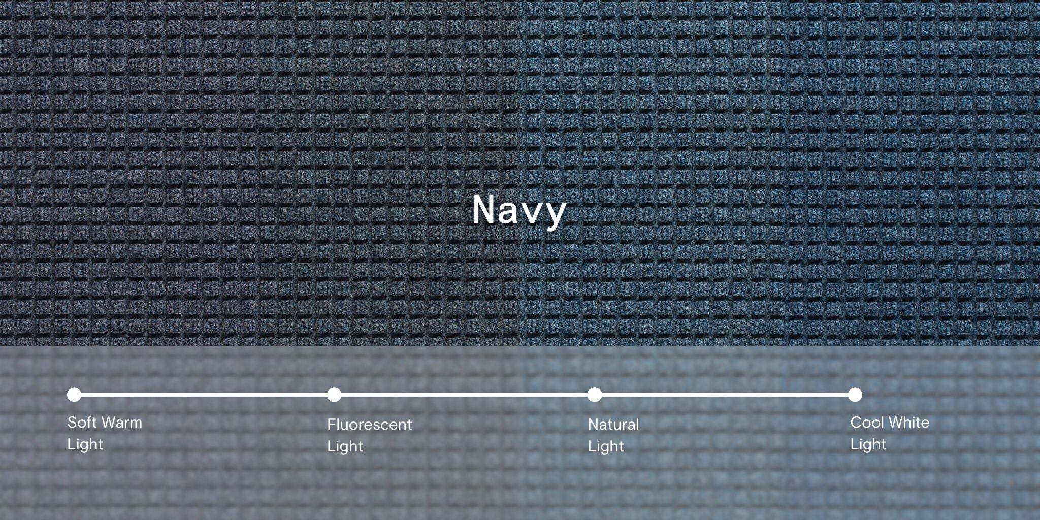 Overhead image of WaterHog Squares mat in Navy, shown in four different lighting types to show the variance - a soft, warm light, a fluorescent light, a natural light, and a cool white light.