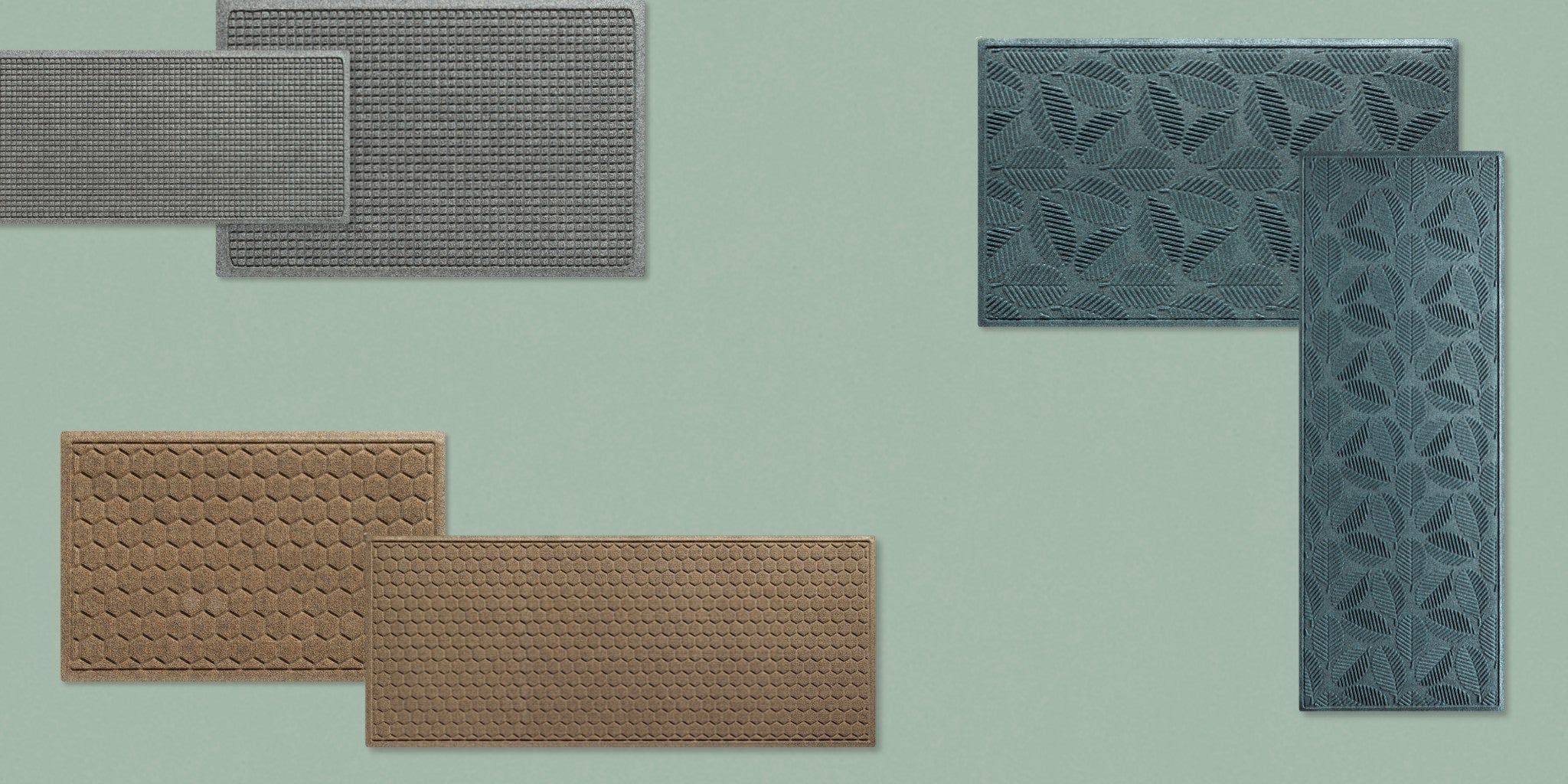 Three set of WaterHog doormats and runners overlapping in the same design, with each set in a different color