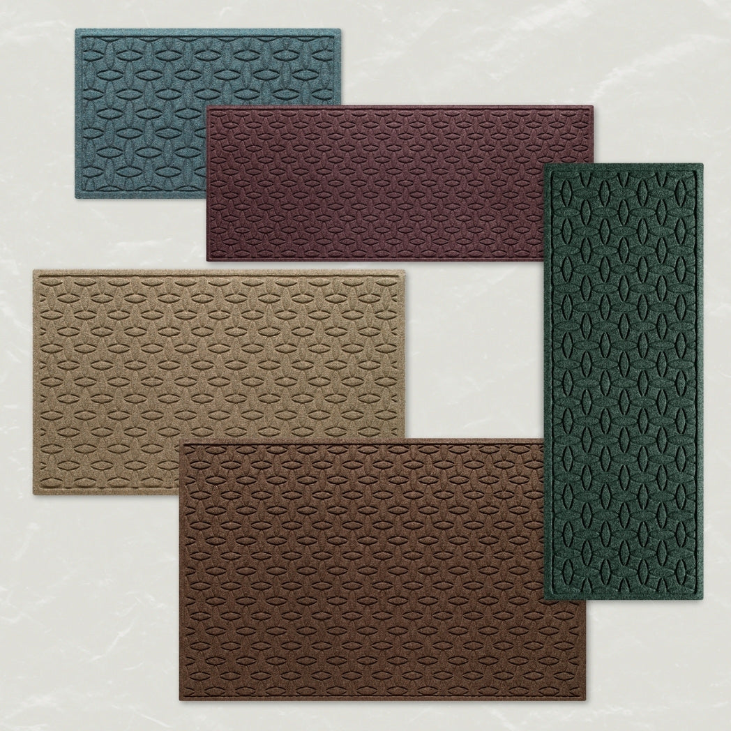 WaterHog Ellipse doormats and runner set shown in different colors, on an off white textured background