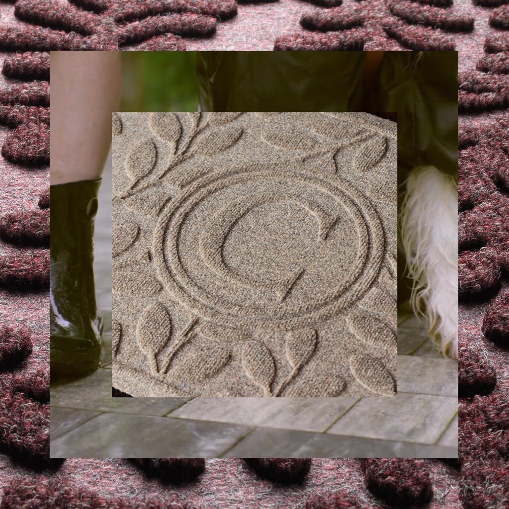 Close-up of a C-initialed WaterHog personalized doormat, overlaid on a blurred outdoor setting.