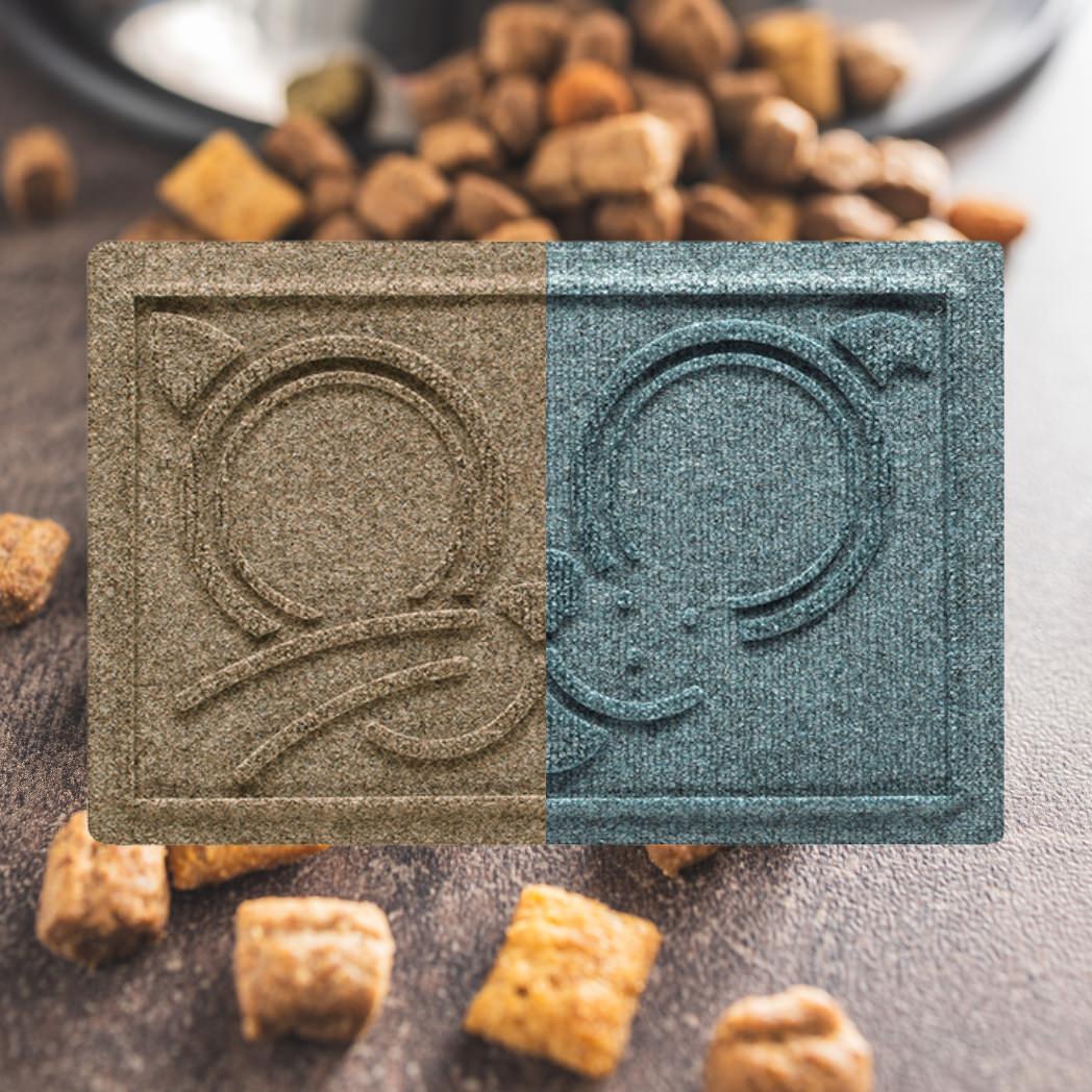 Overhead of split image of the WaterHog Cat Bowl mat (on the left) and Dog Bowl mat (on the right) overtop of a blurred image of dog food spilling out of a pet food bowl.