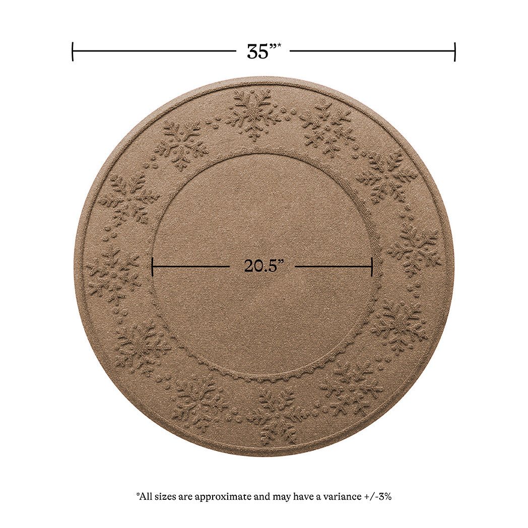 Overhead of the camel Snowflakes tree skirt showing the full width of 35 inches and an inner circle of 20.5 inches