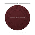 Overhead of the cranberry Snowflakes tree skirt showing the full width of 35 inches and an inner circle of 20.5 inches