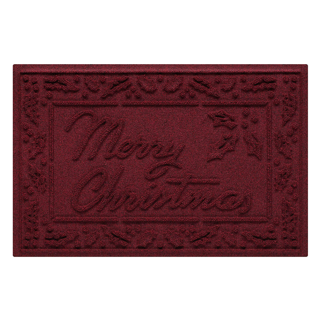 Burgundy doormat with 'Merry Christmas' text on a white background