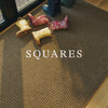 Stacked images of WaterHog Squares Doormats and Runners set on an image of an in-use Squares mat with "SQUARES" typed across
